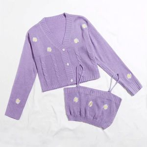 Purple Button Front Embroidered Detail Cardigan With Cami